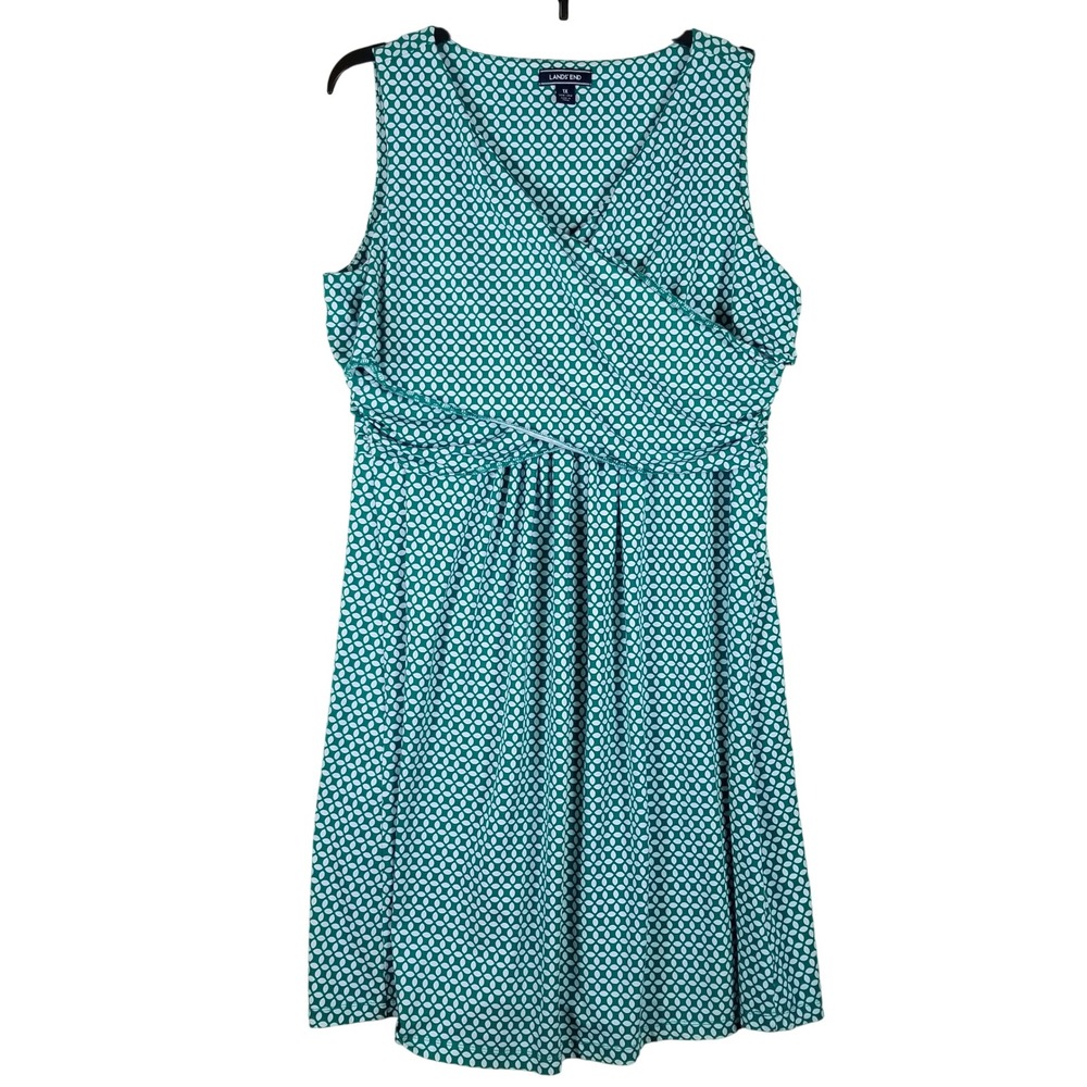 Lands' End Womens 1X Green Geometric Faux Wrap Sleeveless Pima Cotton Dress
